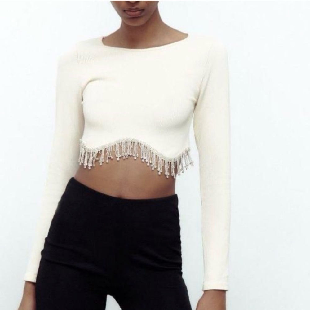 NWT Zara Seamless Ribbed Pearl Fringe Long Sleeve Crop Top XS in Oyster white